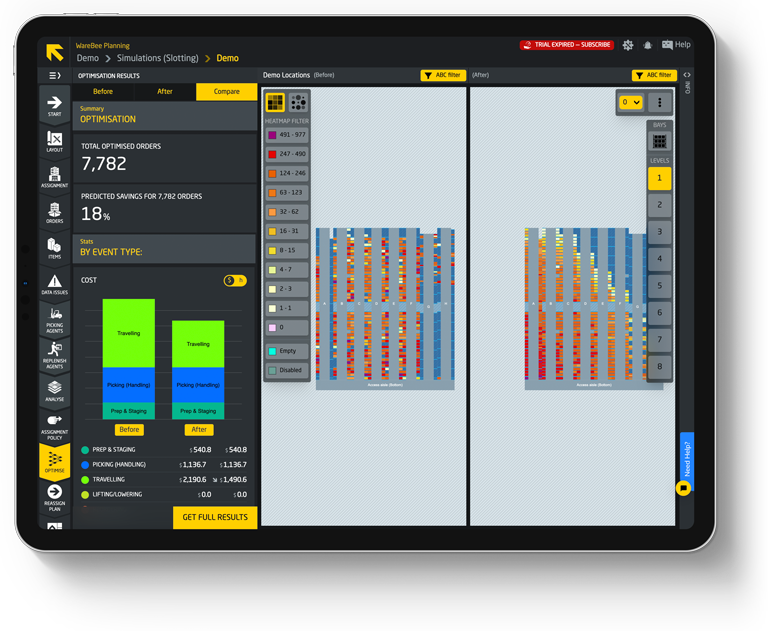Warehouse slotting comparison before and after optimisation